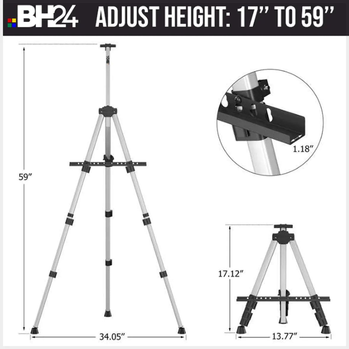 BH24 Professional Easel for Painting – Sturdy & Lightweight Tripod Stand for Canvases, Art Displays, Drawing, Sketching & Presentations, 17” to 60” Adjustable with Carry Bag