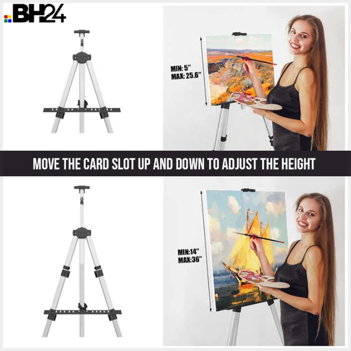 BH24 Professional Easel for Painting – Sturdy & Lightweight Tripod Stand for Canvases, Art Displays, Drawing, Sketching & Presentations, 17” to 60” Adjustable with Carry Bag