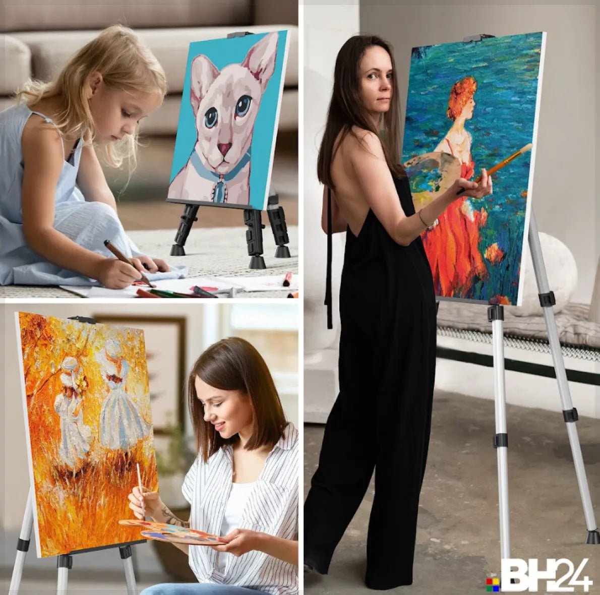 BH24 Professional Easel for Painting – Sturdy & Lightweight Tripod Stand for Canvases, Art Displays, Drawing, Sketching & Presentations, 17” to 60” Adjustable with Carry Bag
