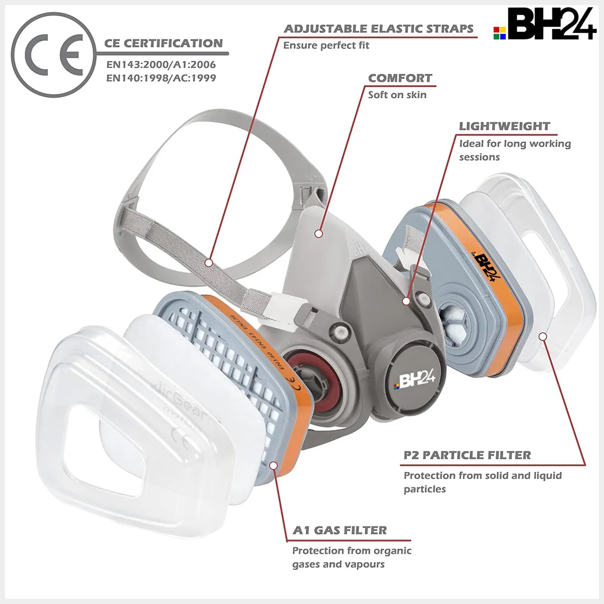 BH24 G-500 Reusable Respirator Mask with A1P2 Filters | Anti-Gas, Anti-Dust | Ideal for Painting, Woodworking, Construction, Sanding, Spraying & More