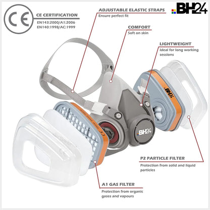 BH24 G-500 Reusable Respirator Mask with A1P2 Filters | Anti-Gas, Anti-Dust | Ideal for Painting, Woodworking, Construction, Sanding, Spraying & More